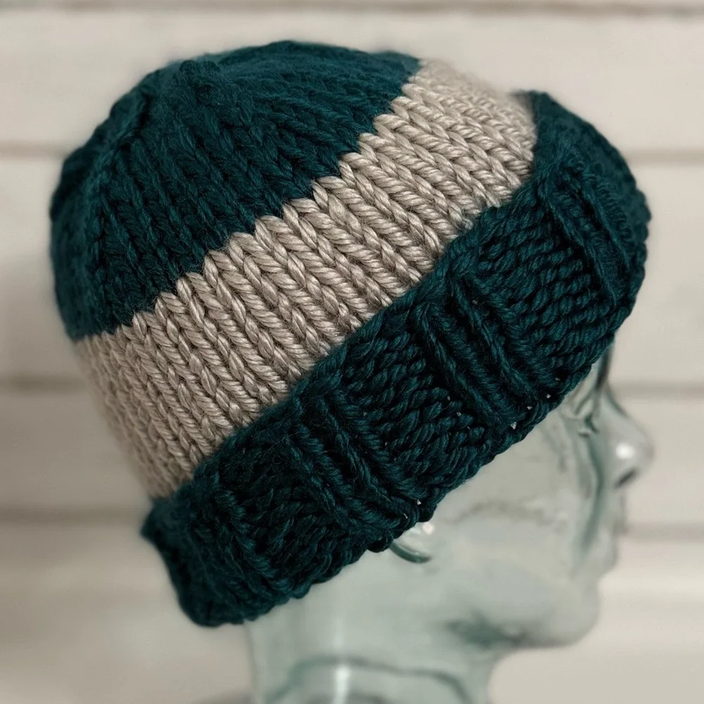 Hand-Knit Greenish Teal & Grey Beanie